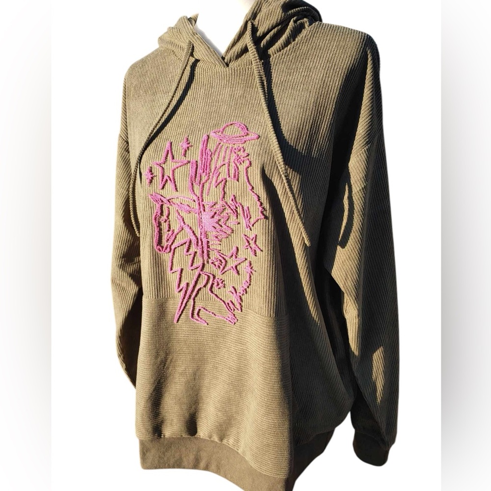 TWO FLY Olive Green & Pink Western Space Cowgirl Suede Hoodie Sizes S, M, L, XL